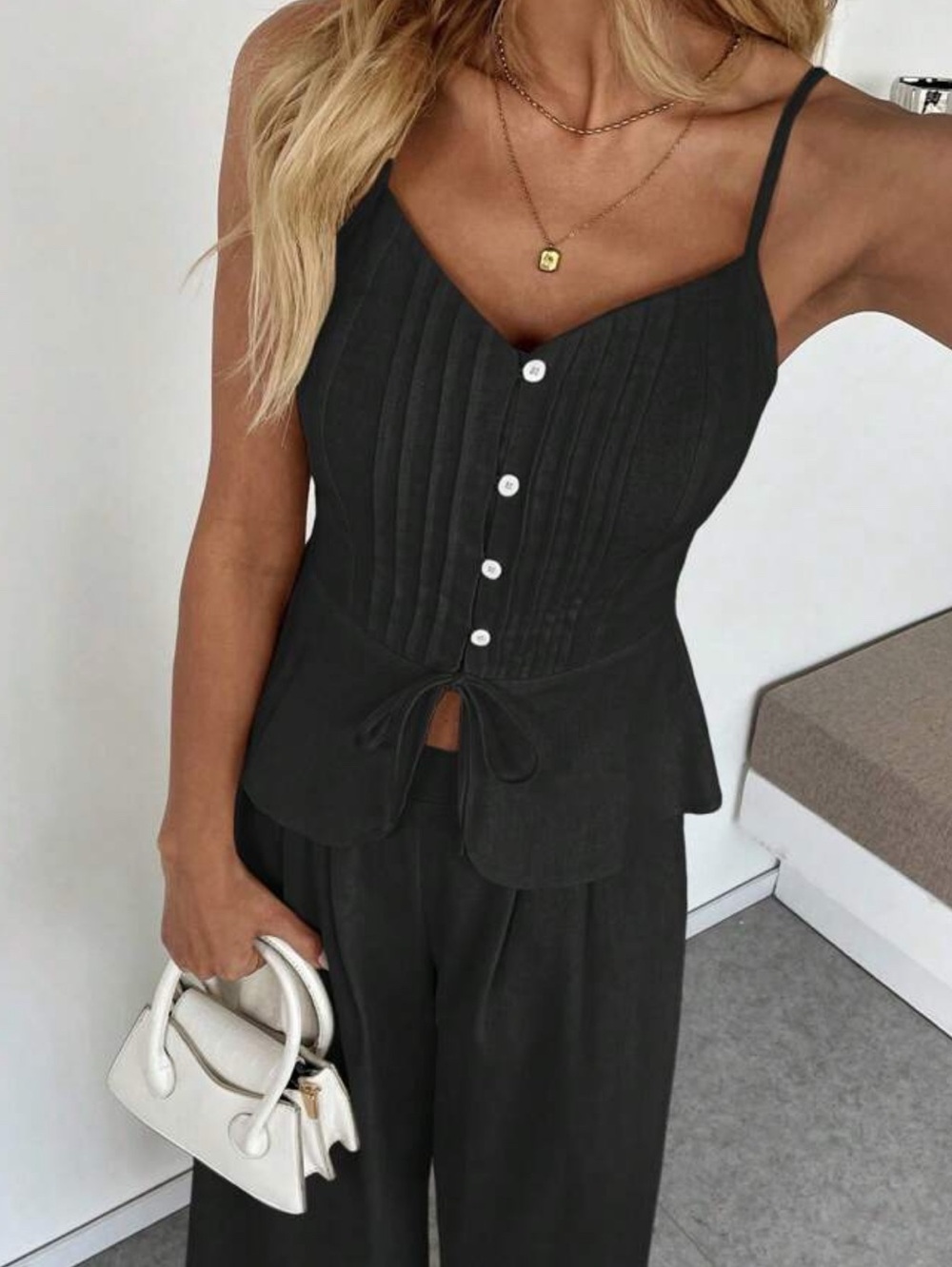 Black 2 Piece Wide-Leg Pants with Structured Corset Bodice Top Set - Picture 6 of 6
